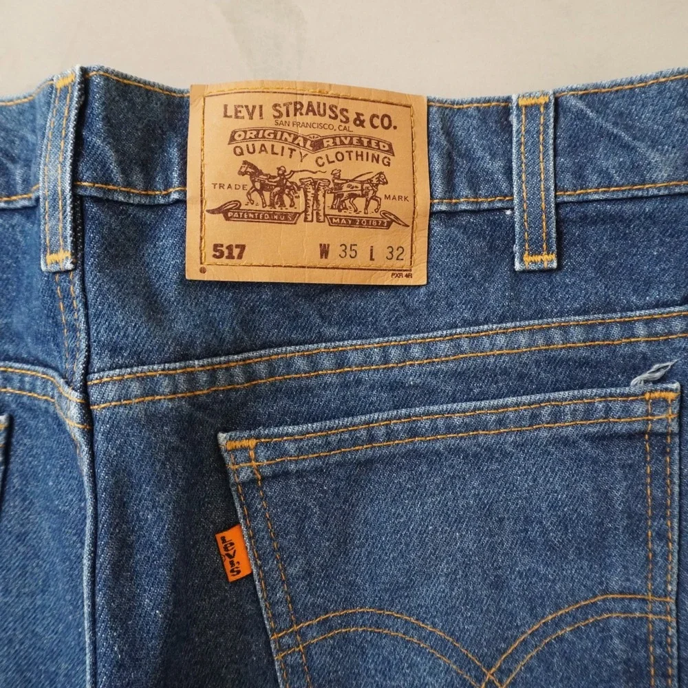 Vintage Levis 517 Jeans 35x32 Mens Blue Orange Tab Bootcut USA Made Dark